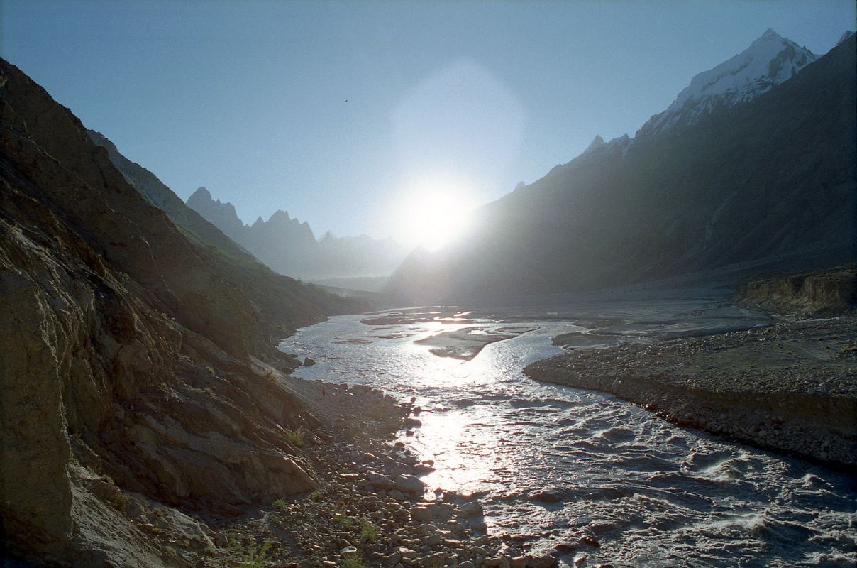 26 Sunrise Over The Baltoro Glacier And Braldu River From Just Before Paiju We reached Paiju on day two of our trek. Paiju (3450m) lies just ahead with the spires of the Trango Towers and the Cathedral above the Baltoro Glacier, and K2 poking above the Lobsang Spire.